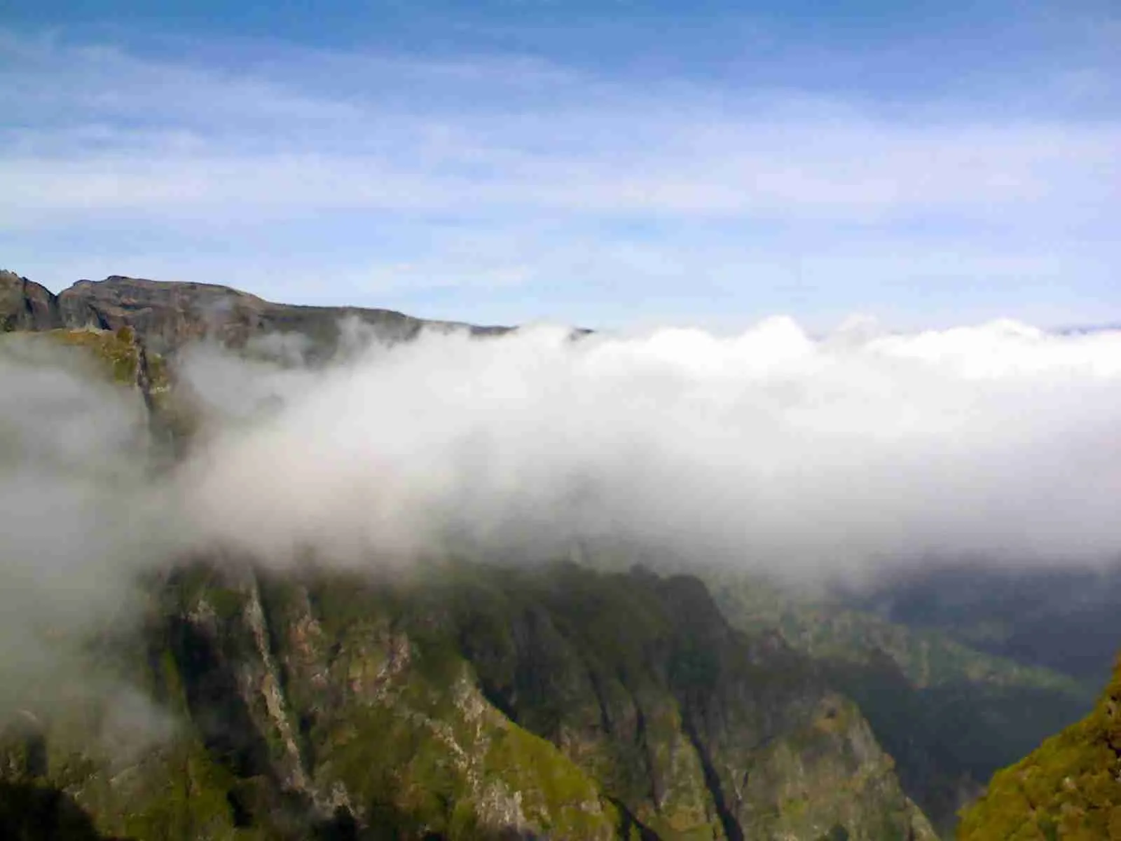 Acantilados verdes cubiertos por un mar de nubes