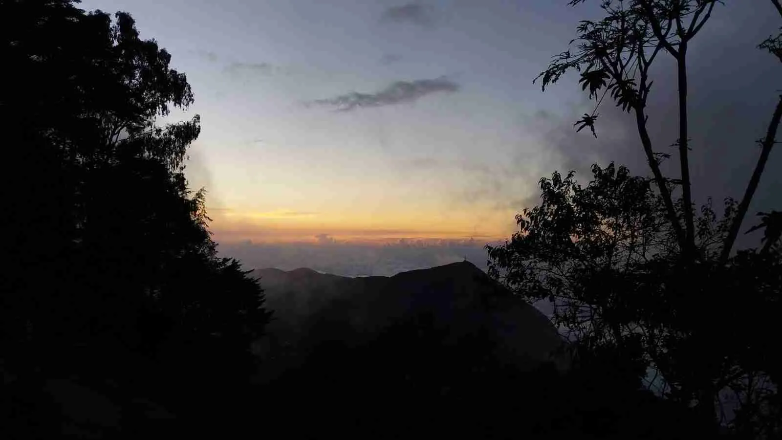Silueta de árboles y montañas al anochecer
