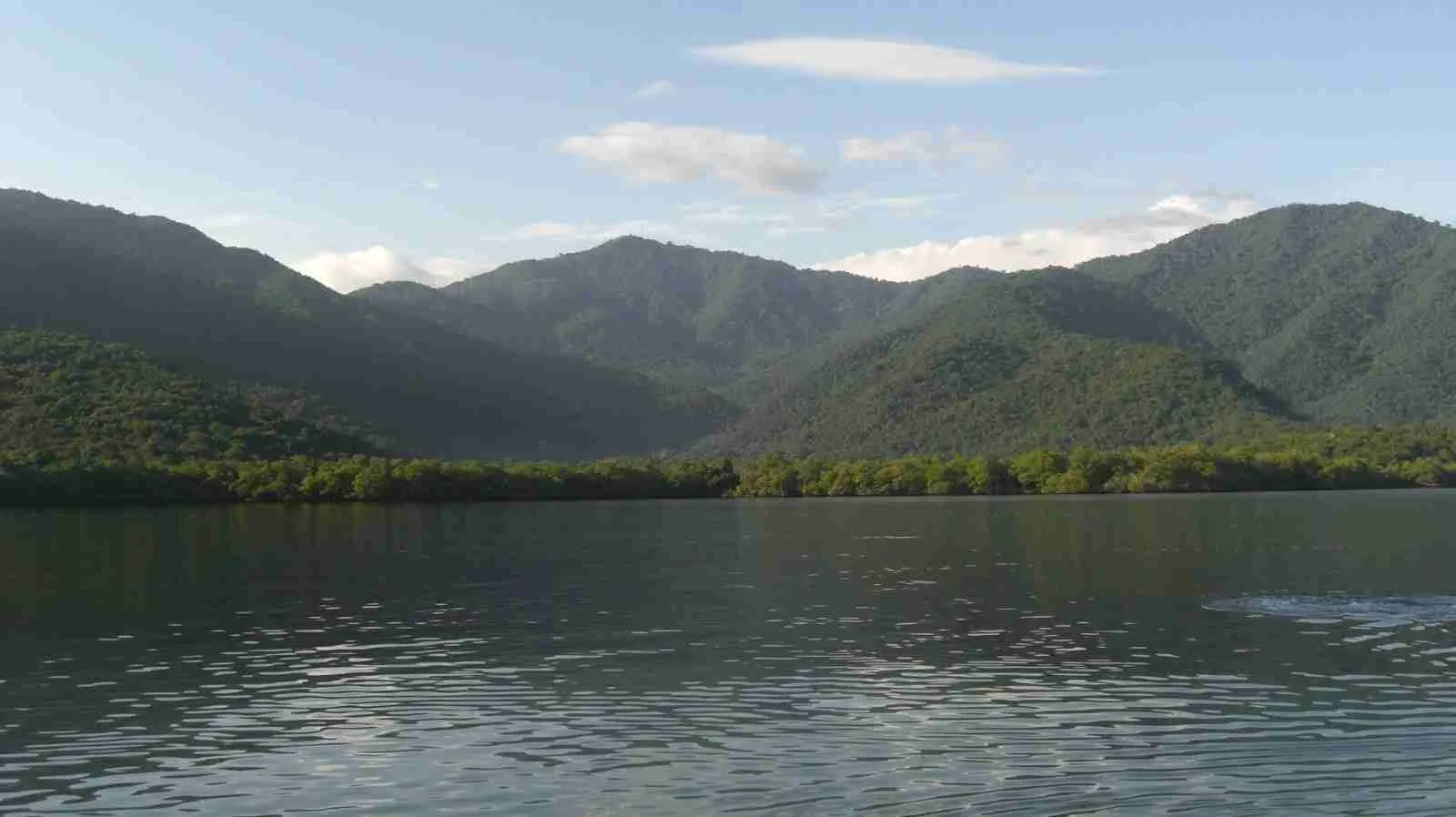 Montañas verdes junto a una laguna rodeada de manglares