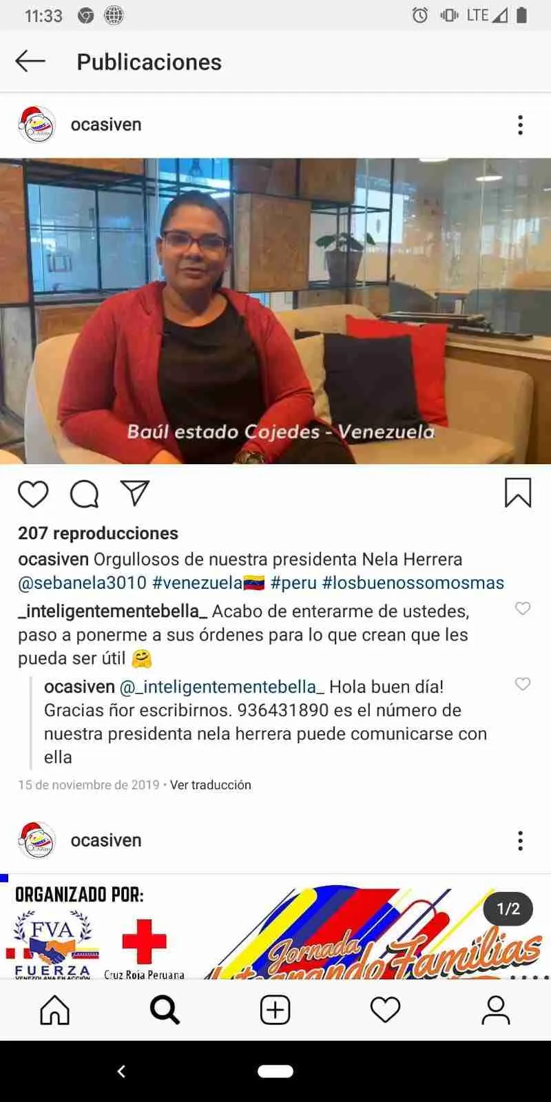 Publicación de Instagram de OCASIVEN con un vídeo de su presidenta, Marianela Herrera