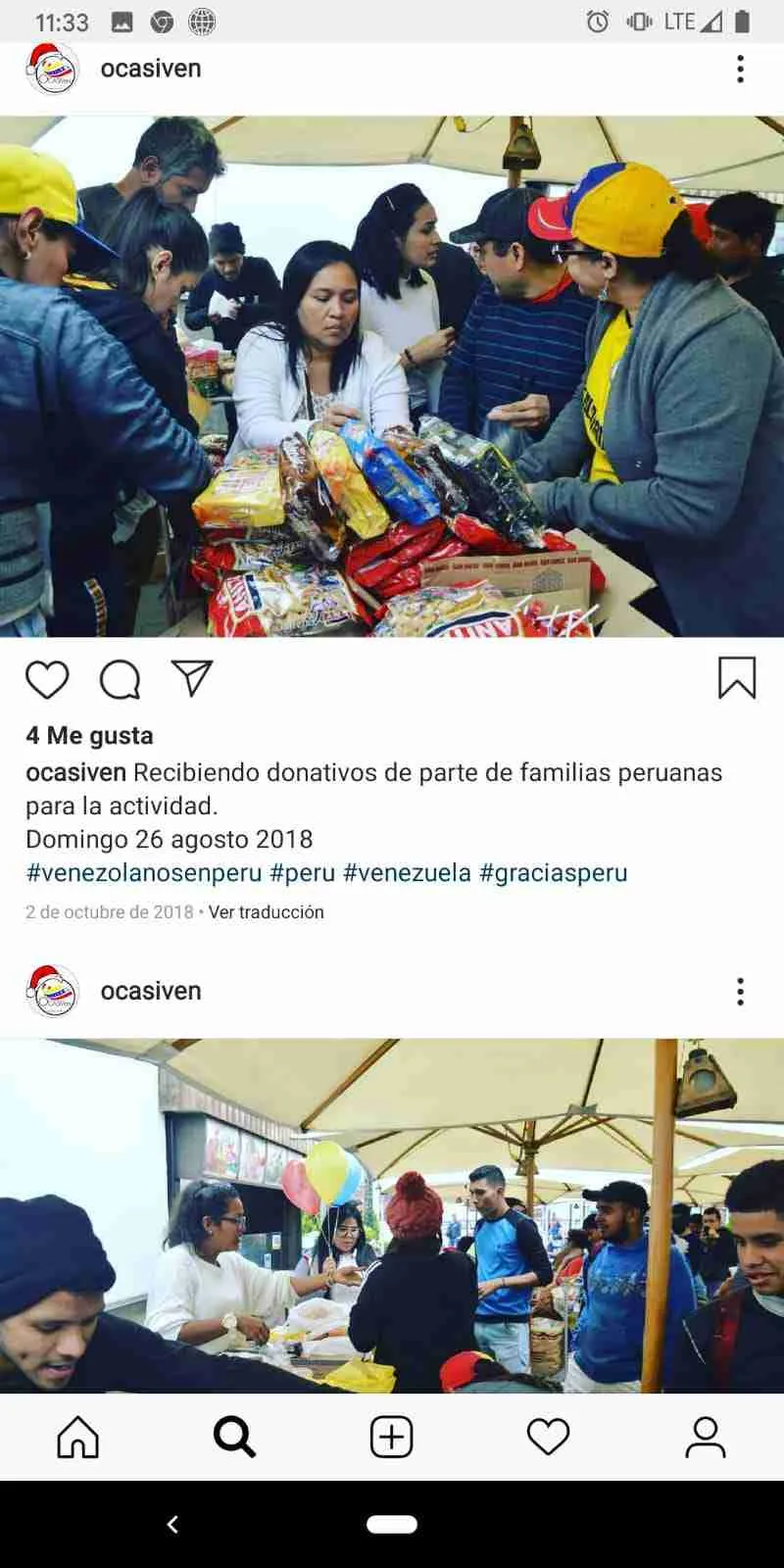 Publicaciones de Instagram de OCASIVEN con voluntarios repartiendo donativos de familias peruanas