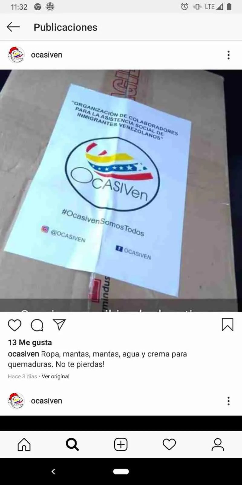 Publicación de Instagram de OCASIVEN con un cartel de la organización sobre una caja de donativos: ropa, mantas, agua y crema para quemaduras