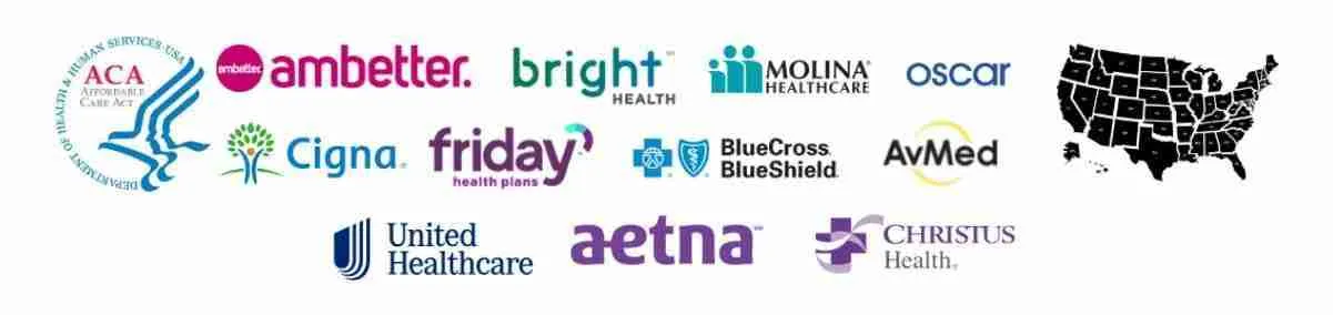 Sello de la Ley A.C.A., mapa de Estados Unidos y logotipos de aseguradoras de salud: Ambetter, Bright Health, Molina Healthcare, Oscar, Cigna, Friday Health Plans, BlueCross BlueShield, AvMed, UnitedHealthcare, Aetna y CHRISTUS Health.